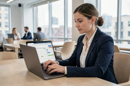Femme professionnelle utilisant un logiciel de prise de rendez-vous en ligne sur un ordinateur portable dans un bureau moderne