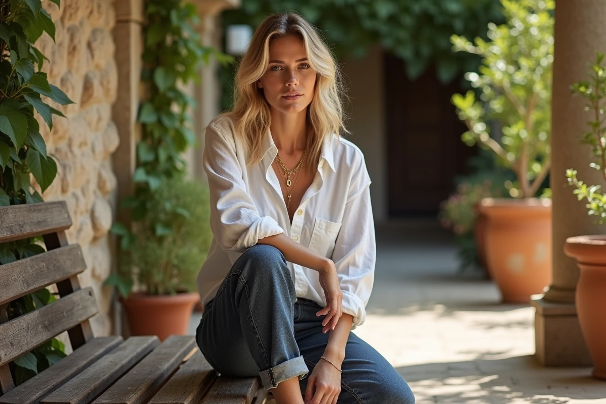 Jeune femme assise dans une cour avec chemise blanche, jean classique et accessoires minimalistes - look garancedore tendance