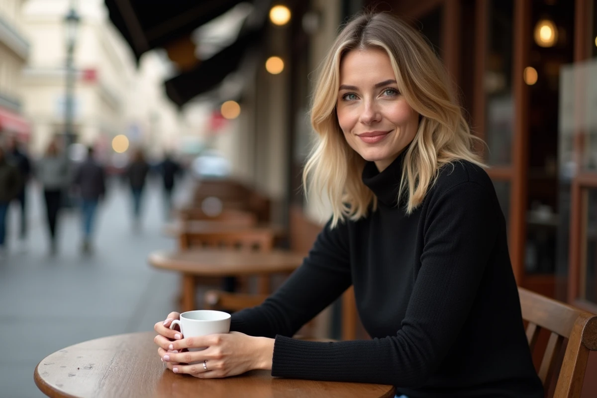 Femme élégante en noir et blanc avec pull col roulé et chemise au café parisien style garçonnier