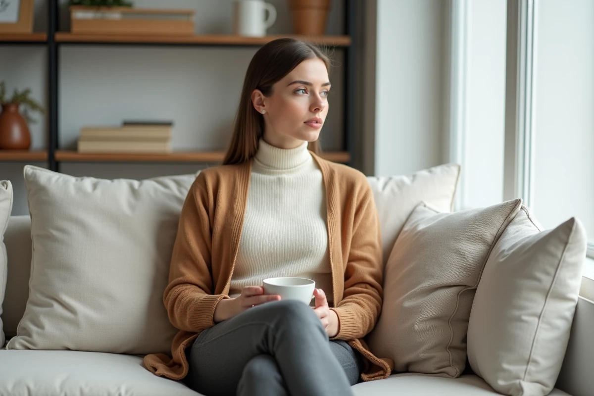 femme portant pulls basiques et cardigan camel assise confortablement sur canapé minimaliste