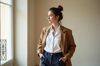 Femme portant un look minimaliste chic avec chemise blanche, pantalon marine et blazer camel dans un appartement parisien