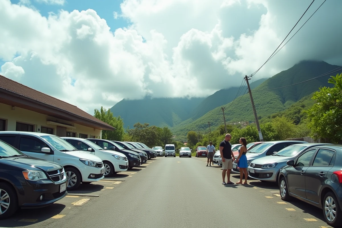 Couple récupérant les clés d'une voiture de location en basse saison dans une agence calme à La Réunion