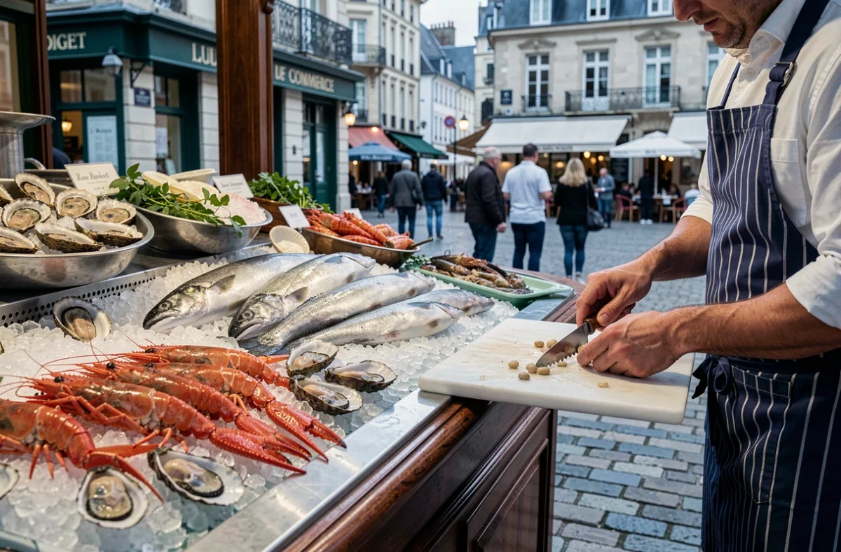 Étal de fruits de mer frais du restaurant Lulu Rouget place du Commerce à Nantes avec huîtres, langoustines et bar entier sur glace