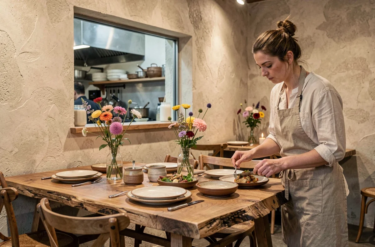 Intérieur intimiste du restaurant L'U.ni à Nantes avec cuisine ouverte, vaisselle artisanale et plats de produits locaux dressés