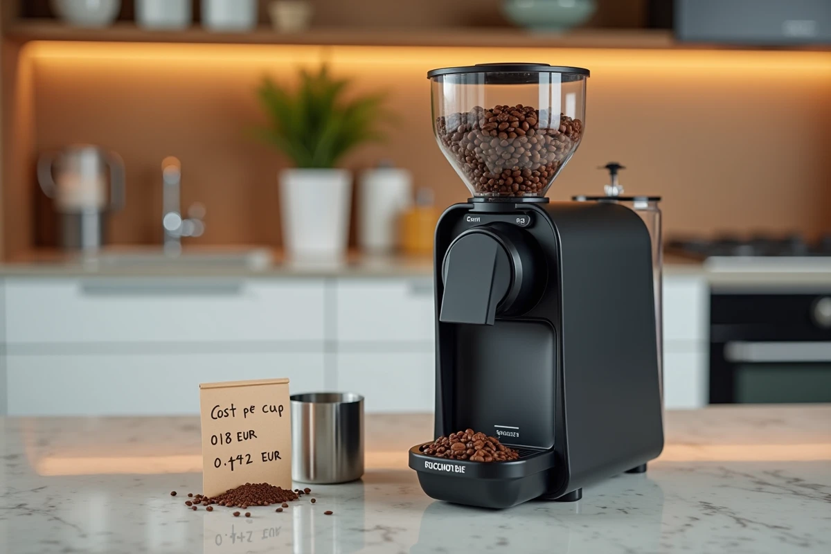 Machine à café avec broyeur intégré et trémie de grains visibles, avec un carnet de calcul du coût réel par tasse posé à côté