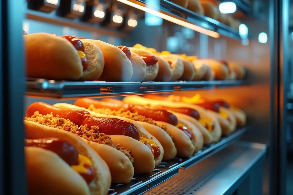 Intérieur d'une machine distributrice de hot dogs automatisée avec éclairage professionnel