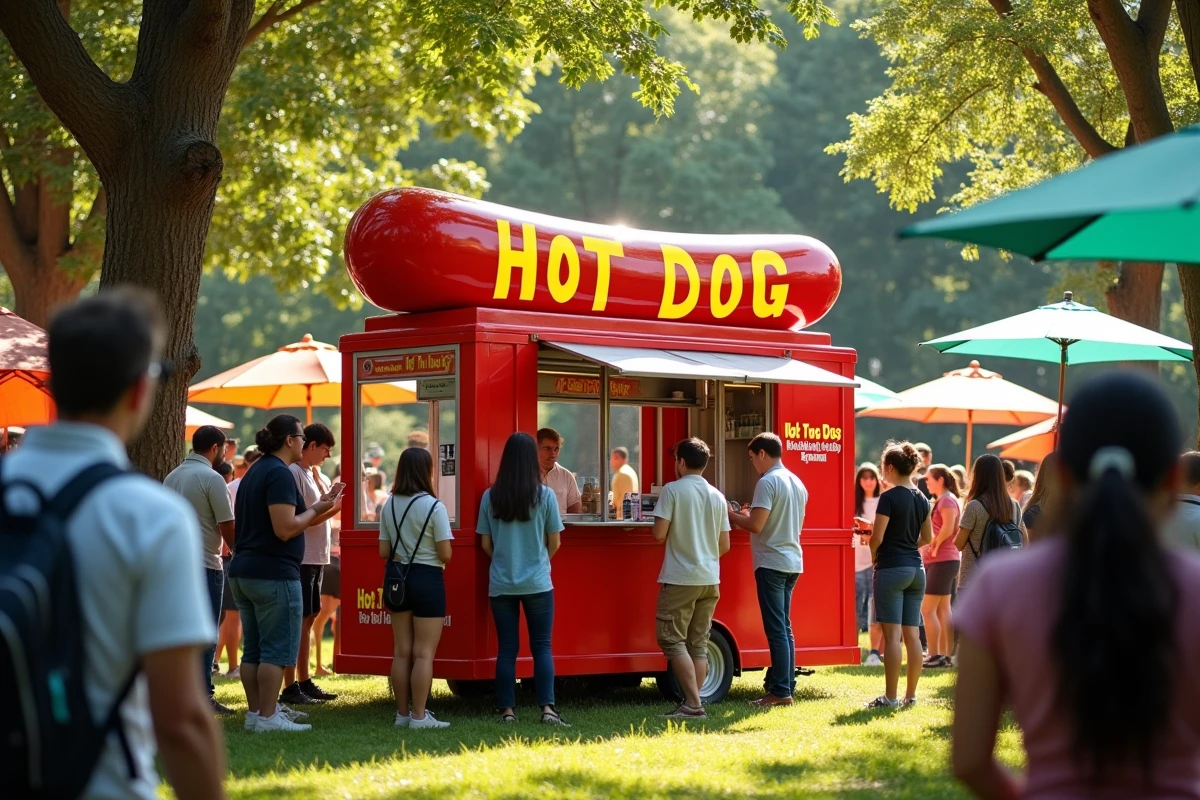 Vue d'ensemble d'une machine à hot dog installée lors d'un événement d'entreprise avec queue de personnes