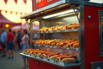 Machine à hot dog professionnelle lors d'un événement en plein air avec foule de visiteurs