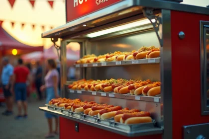 Machine à hot dog professionnelle lors d'un événement en plein air avec foule de visiteurs