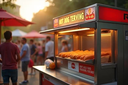 Machine à hot dog professionnelle lors d'un événement en plein air avec clients heureux
