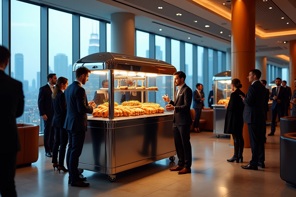 Machine à hot-dogs élégante dans un événement professionnel en salle avec clients en tenue d'affaires
