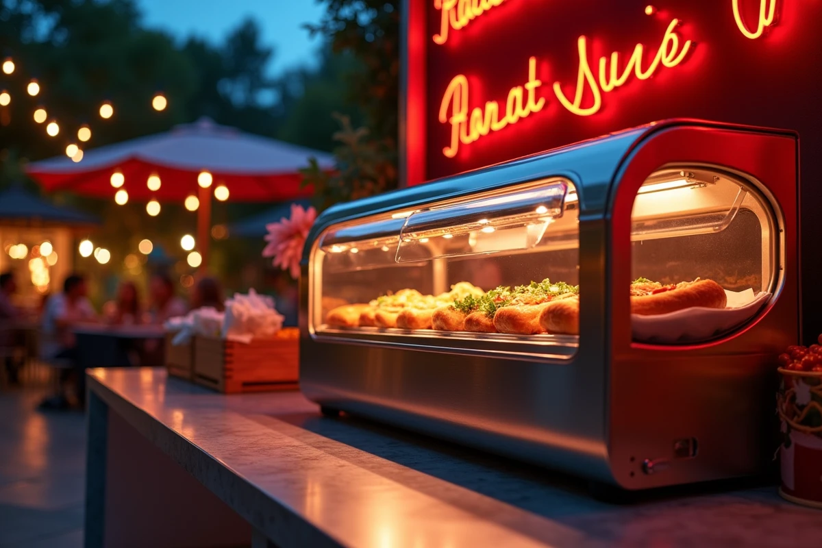 Installation professionnelle d'une machine à hot dog pour un événement d'entreprise élégant