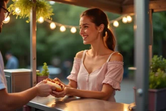 Vendeuse souriante servant un hot dog à partir d'une machine professionnelle lors d'un événement en plein air avec décoration lumineuse