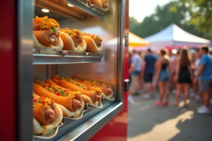 Machine à hot dog professionnelle lors d'un événement extérieur estival avec foule en arrière-plan