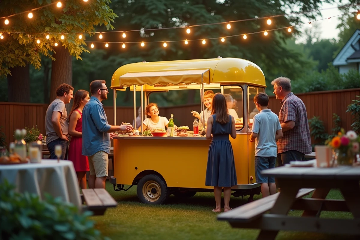 Machine à hot-dogs vintage colorée lors d'une fête familiale en jardin avec enfants et adultes partageant un moment convivial