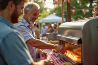 Vendeur de hot-dogs professionnel opérant une machine à hot-dogs lors d'un événement en plein air avec des clients satisfaits