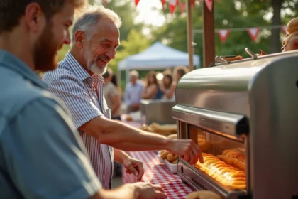 Vendeur de hot-dogs professionnel opérant une machine à hot-dogs lors d'un événement en plein air avec des clients satisfaits