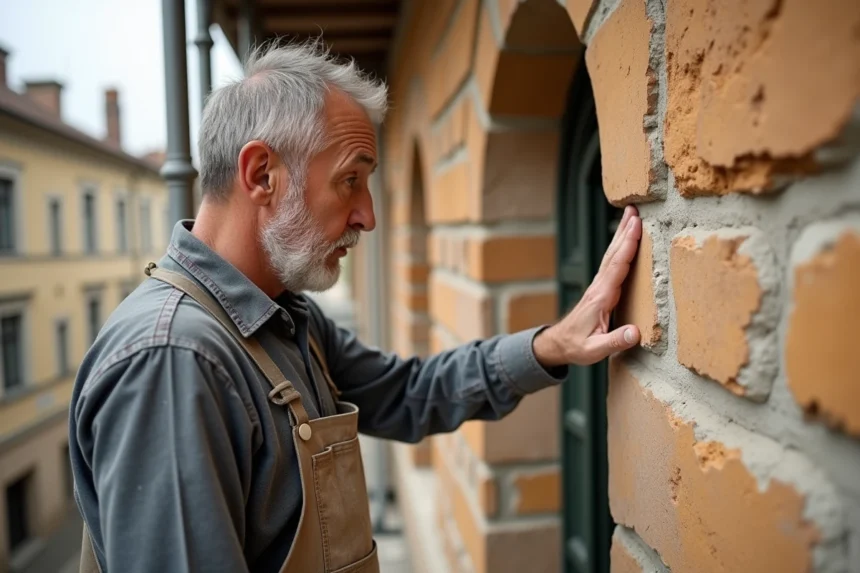 Maçon examinant une vieille façade en pierre avec des fissures et de l'enduit ancien pour évaluer les travaux de rénovation