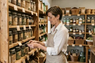 Épicerie diététique en Normandie avec une vendeuse arrangeant des produits biologiques sur des étagères en bois