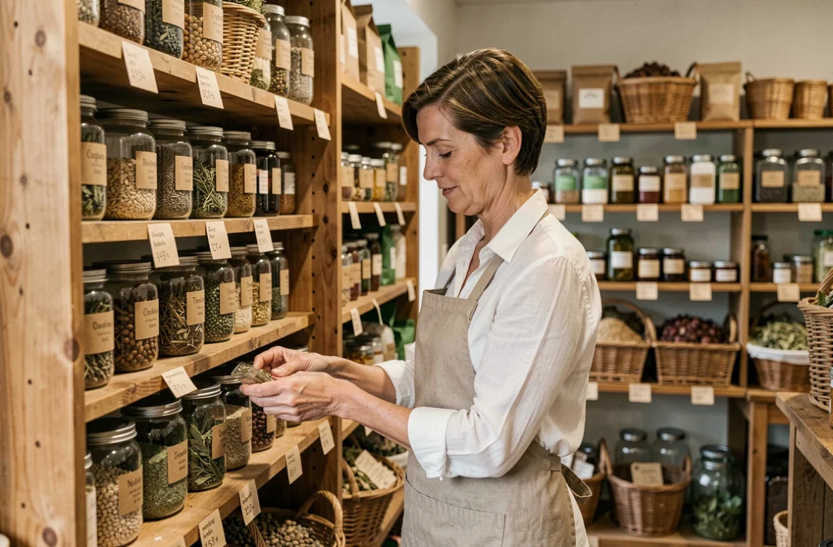 Épicerie diététique en Normandie avec une vendeuse arrangeant des produits biologiques sur des étagères en bois