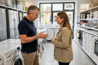 Vendeur conseillant une cliente dans un magasin d'électroménager en Normandie avec des appareils modernes en arrière-plan