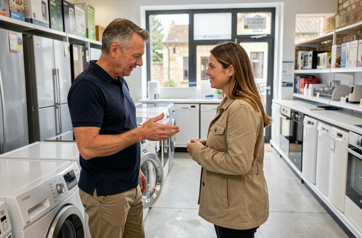 Vendeur conseillant une cliente dans un magasin d'électroménager en Normandie avec des appareils modernes en arrière-plan