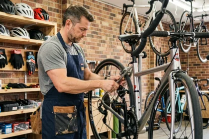 Mécanicien vélo professionnel réparant un dérailleur dans un atelier de magasin de vélos en Loire-Atlantique