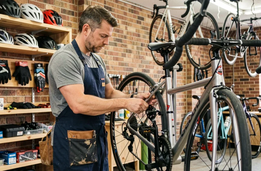 Mécanicien vélo professionnel réparant un dérailleur dans un atelier de magasin de vélos en Loire-Atlantique