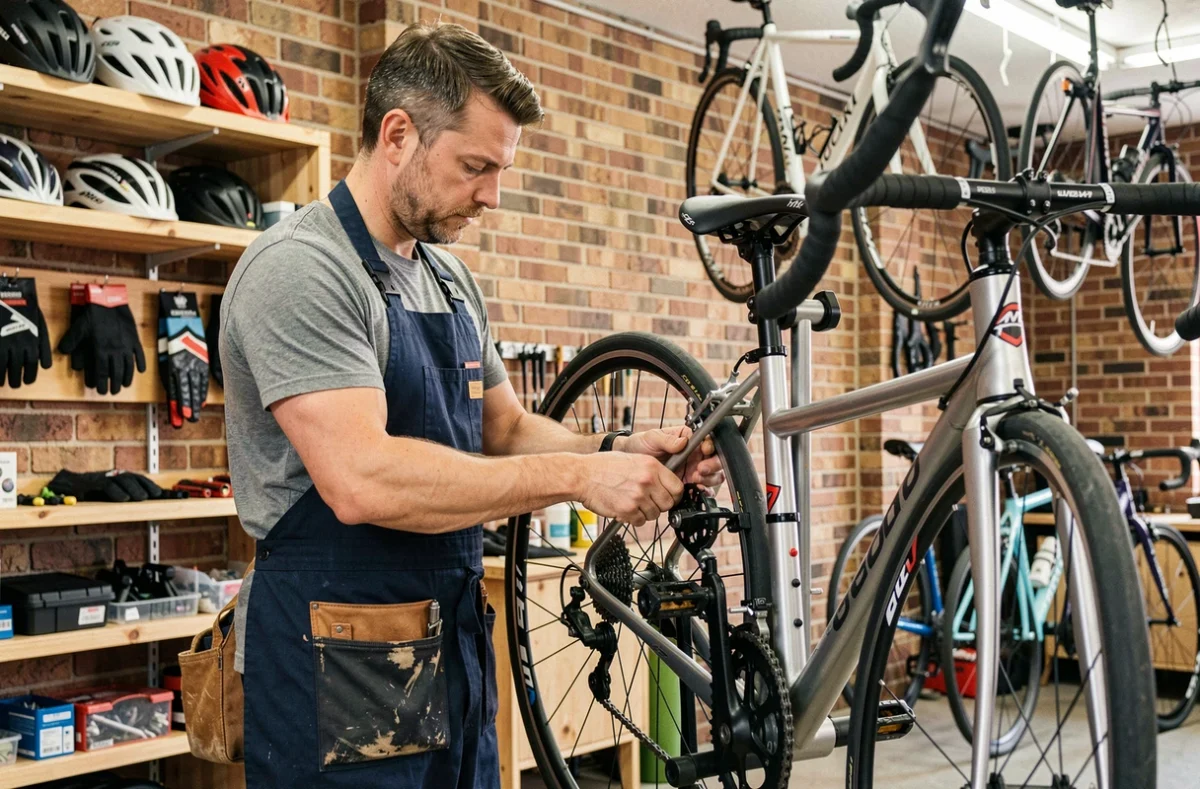 Mécanicien vélo professionnel réparant un dérailleur dans un atelier de magasin de vélos en Loire-Atlantique