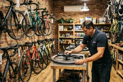 Intérieur d'un magasin de vélos à Rouen avec un vendeur inspectant une roue de vélo au milieu d'un large choix de bicyclettes exposées