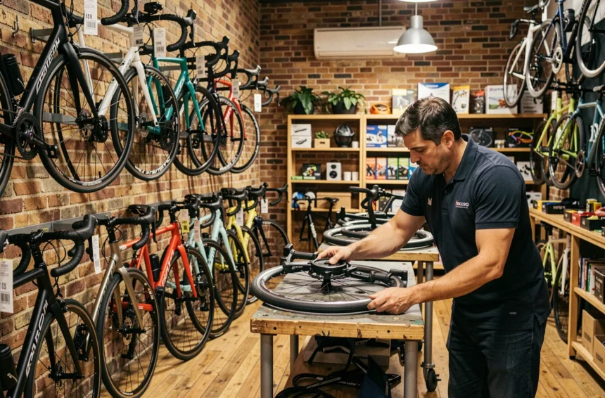 Intérieur d'un magasin de vélos à Rouen avec un vendeur inspectant une roue de vélo au milieu d'un large choix de bicyclettes exposées