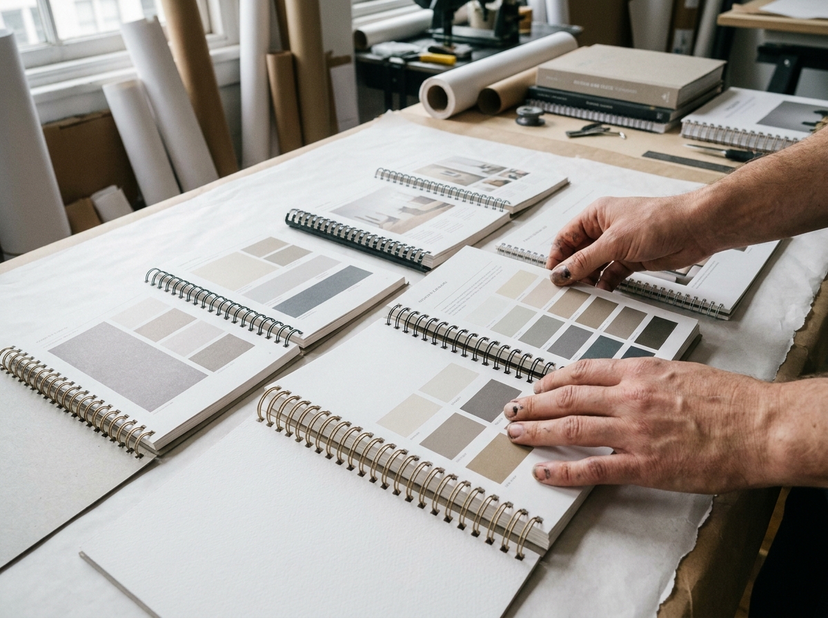 gros plan des mains d'un designer examinant plusieurs brochures avec reliure spirale et reliure peigne sur papier blanc