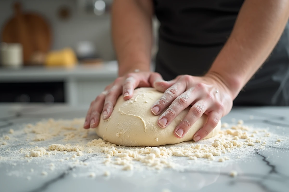 Mains péttrissant pâte de pain au levain sur plan de travail