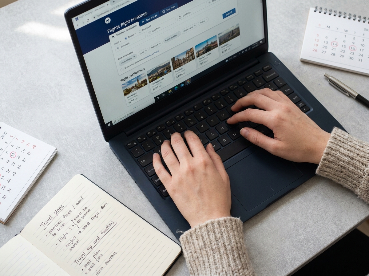 Gros plan des mains cherchant des vols pas cher sur internet pour économiser en 2026