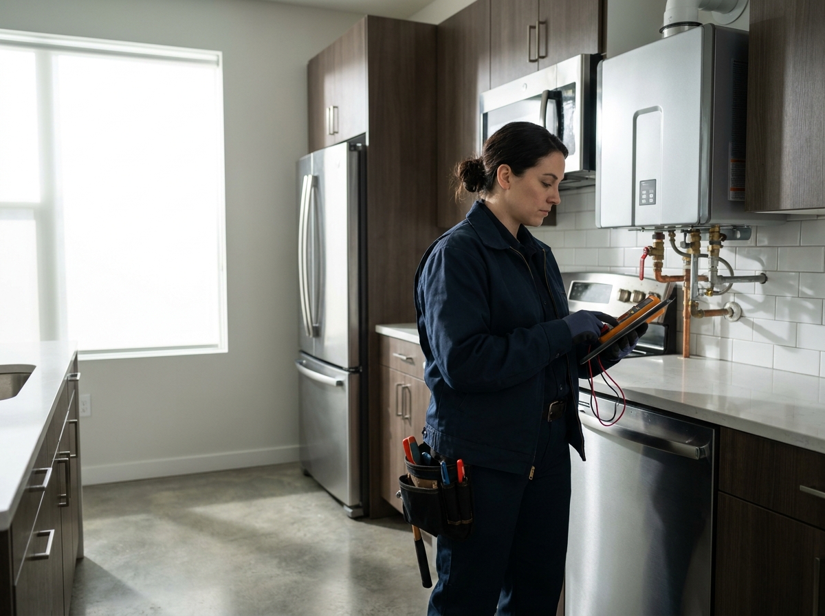 Technicien effectuant la maintenance d'un chauffe-eau thermodynamique dans une cuisine résidentielle moderne