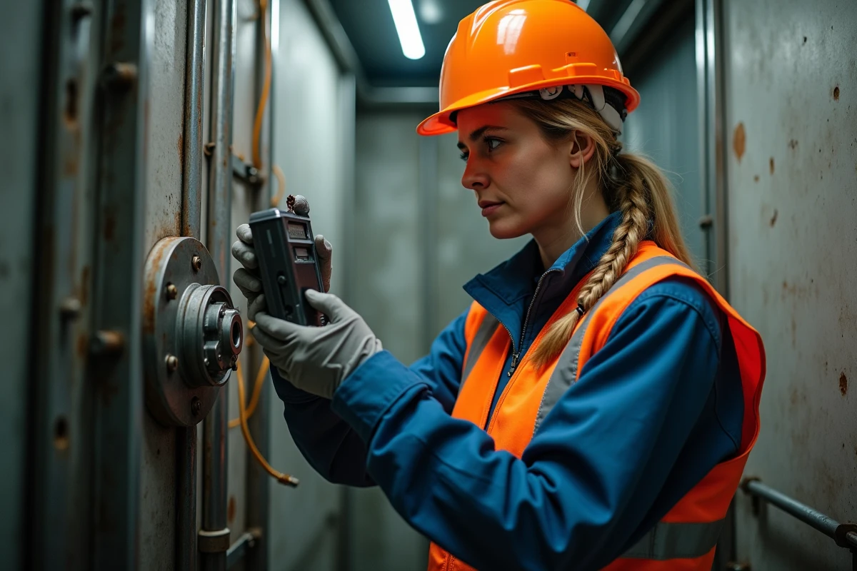 Professionnelle en maintenance d'ascenseur vérifiant les mécanismes et câbles à l'intérieur de la cage d'un petit immeuble