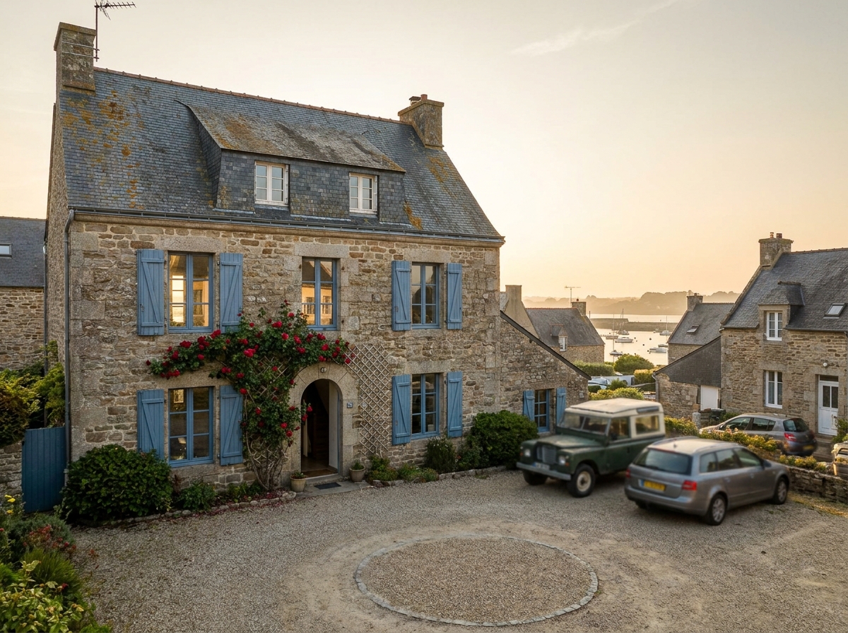 Façade extérieure d'une maison bretonne en pierre avec volets bleus et jardin, idéale comme repère familial