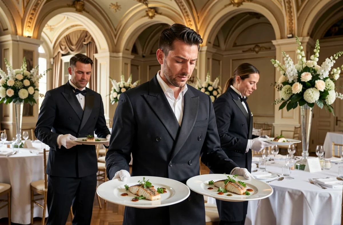 Équipe de service de Mam Traiteur assurant le service à table lors d'un dîner de mariage dans une salle de réception de Marseille
