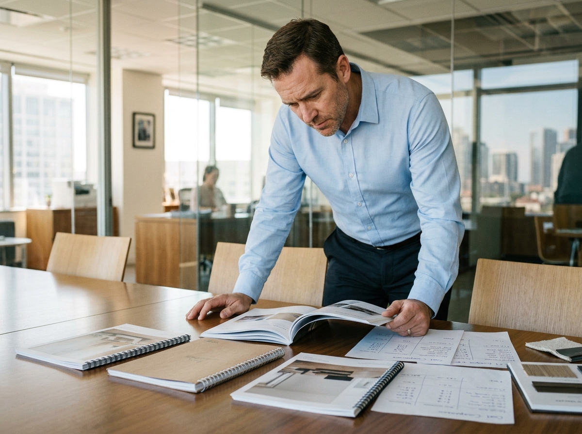 Responsable commercial évaluant différents types de reliures pour catalogues produits en tenant compte du budget