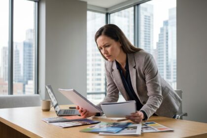 Responsable marketing comparant différentes reliures de brochures imprimées sur un bureau professionnel