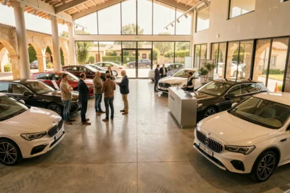 Vue panoramique d'une salle d'exposition automobile moderne en Provence-Alpes-Côte d'Azur avec plusieurs véhicules et des clients discutant avec un mandataire automobile professionnel
