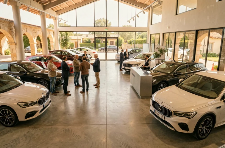 Vue panoramique d'une salle d'exposition automobile moderne en Provence-Alpes-Côte d'Azur avec plusieurs véhicules et des clients discutant avec un mandataire automobile professionnel