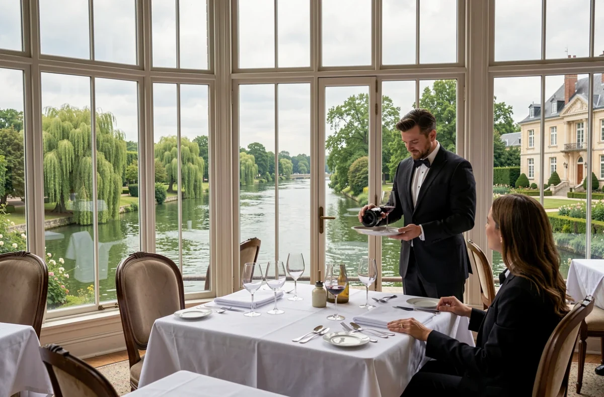 Salle élégante du Manoir de la Régate avec vue sur l'Erdre, nappes blanches et service étoilé raffiné à Nantes