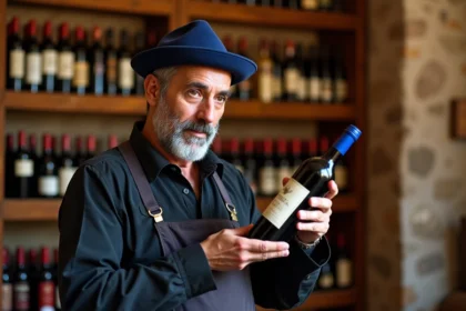Marchand de vin marocain examinant les bouteilles dans une cave traditionnelle avec étagères en bois et murs en pierre