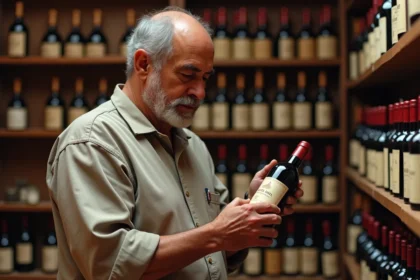 Marchand de vin marocain expert examinant une bouteille de vin rouge dans une boutique traditionnelle avec étagères en bois et carrelage en terre cuite