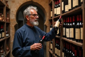 Commerçant marocain expert examinant une bouteille de vin rouge dans une cave traditionnelle avec des rangements en bois