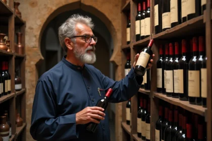 Commerçant marocain expert examinant une bouteille de vin rouge dans une cave traditionnelle avec des rangements en bois