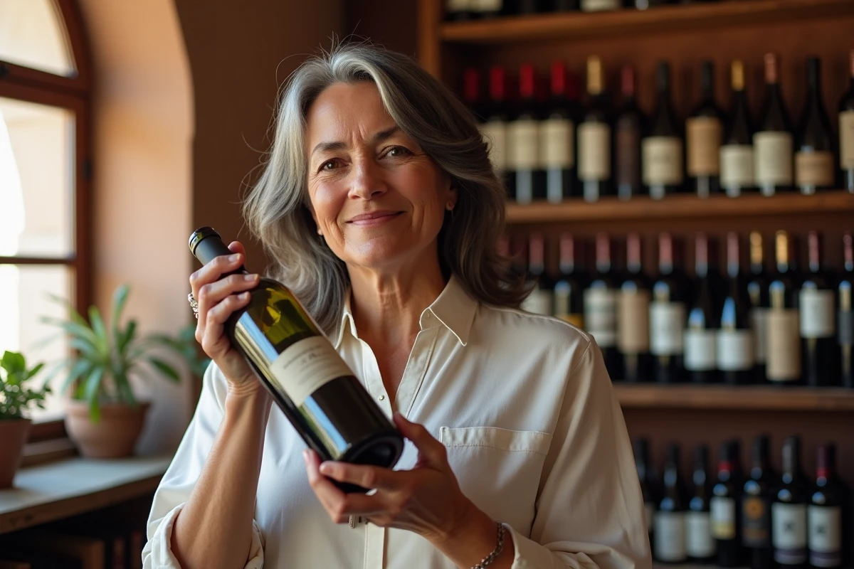 Marchande de vin marocain conseillant un client dans une boutique traditionnelle