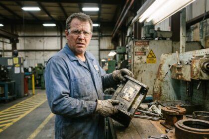 Ouvrier d'usine examinant une pièce de machinerie mal marquée dans un atelier industriel désorganisé, illustrant les risques liés à l'absence de marquage de sécurité