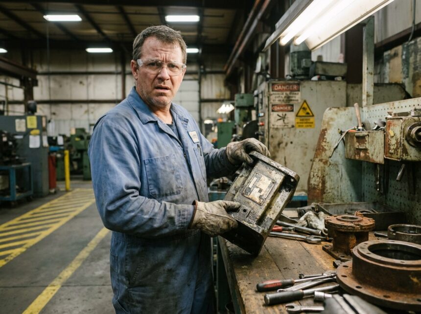 Ouvrier d'usine examinant une pièce de machinerie mal marquée dans un atelier industriel désorganisé, illustrant les risques liés à l'absence de marquage de sécurité